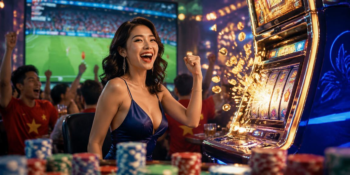 Không khí lễ hội game slots tại Hồ Chí Minh với màn hình hiển thị khuyến mãi nổi bật