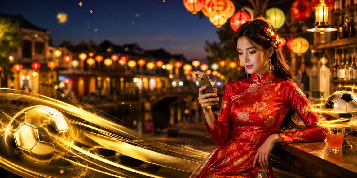 Người phụ nữ mặc áo dài tại Hội An theo dõi cá cược thể thao trên điện thoại giữa phố cổ