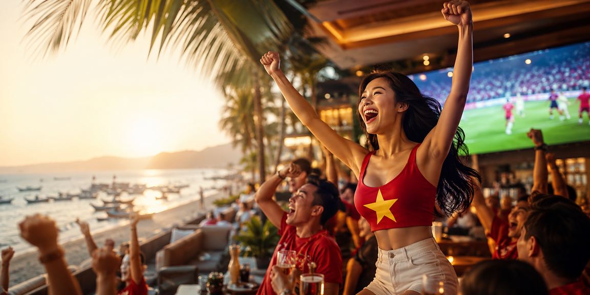 Người dùng thư giãn tại bãi biển Mũi Né và kiểm tra ưu đãi VIP trên điện thoại